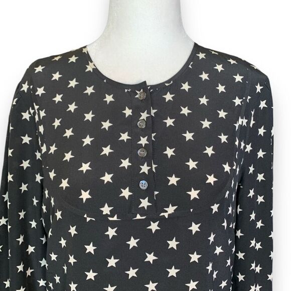 J. Crew Dress Black White Star Print Scoop Neck Long Sleeve Silk Midi Shift 4 - Picture 4 of 12